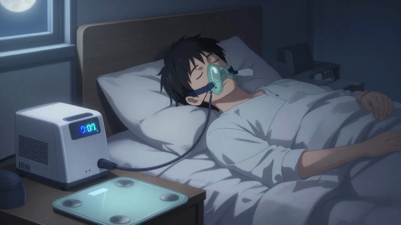 Person sleeping with CPAP mask and a weight scale nearby