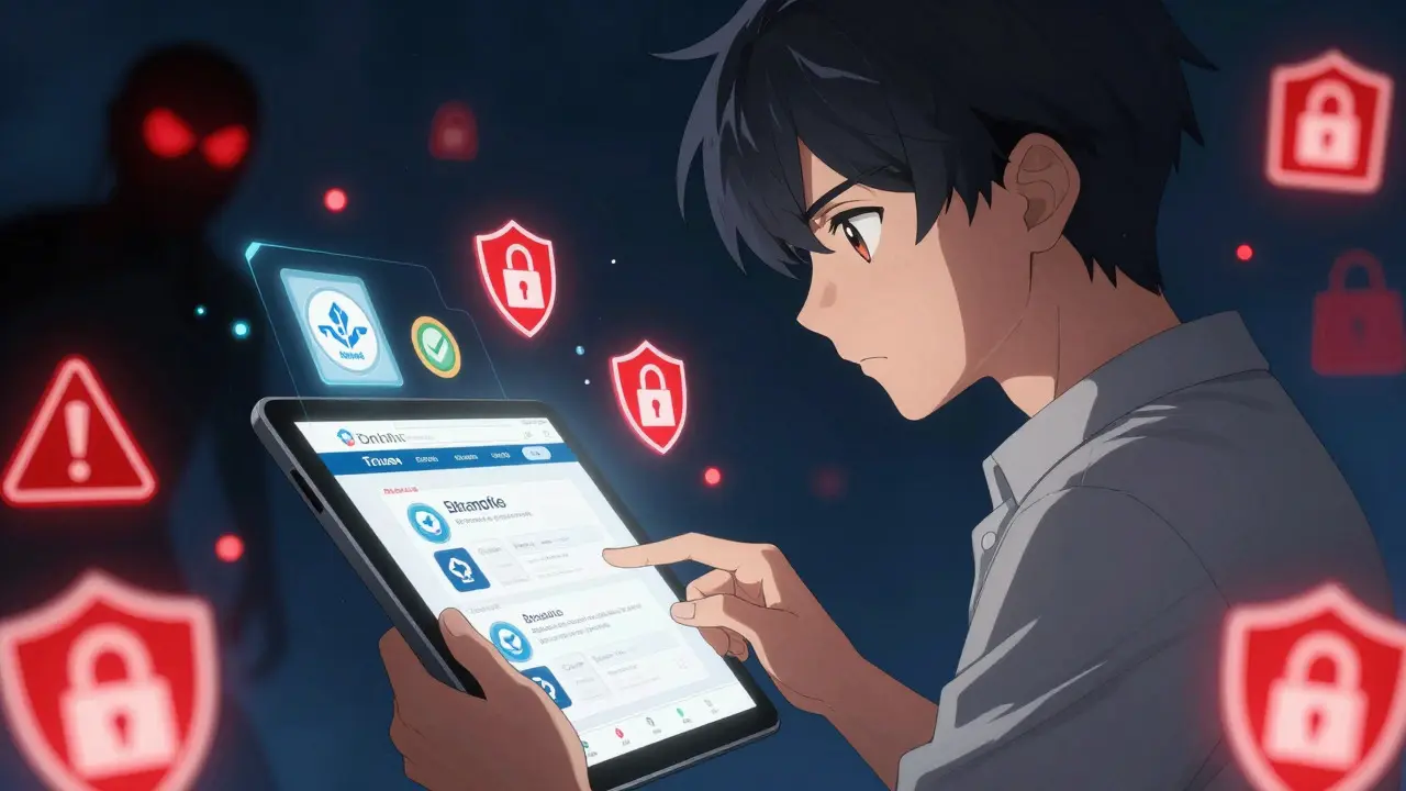 Person verifying online pharmacy security seals on tablet