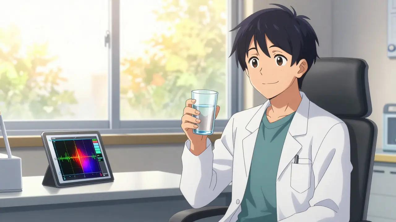 Relieved patient drinking water in a sunlit clinic room in anime style