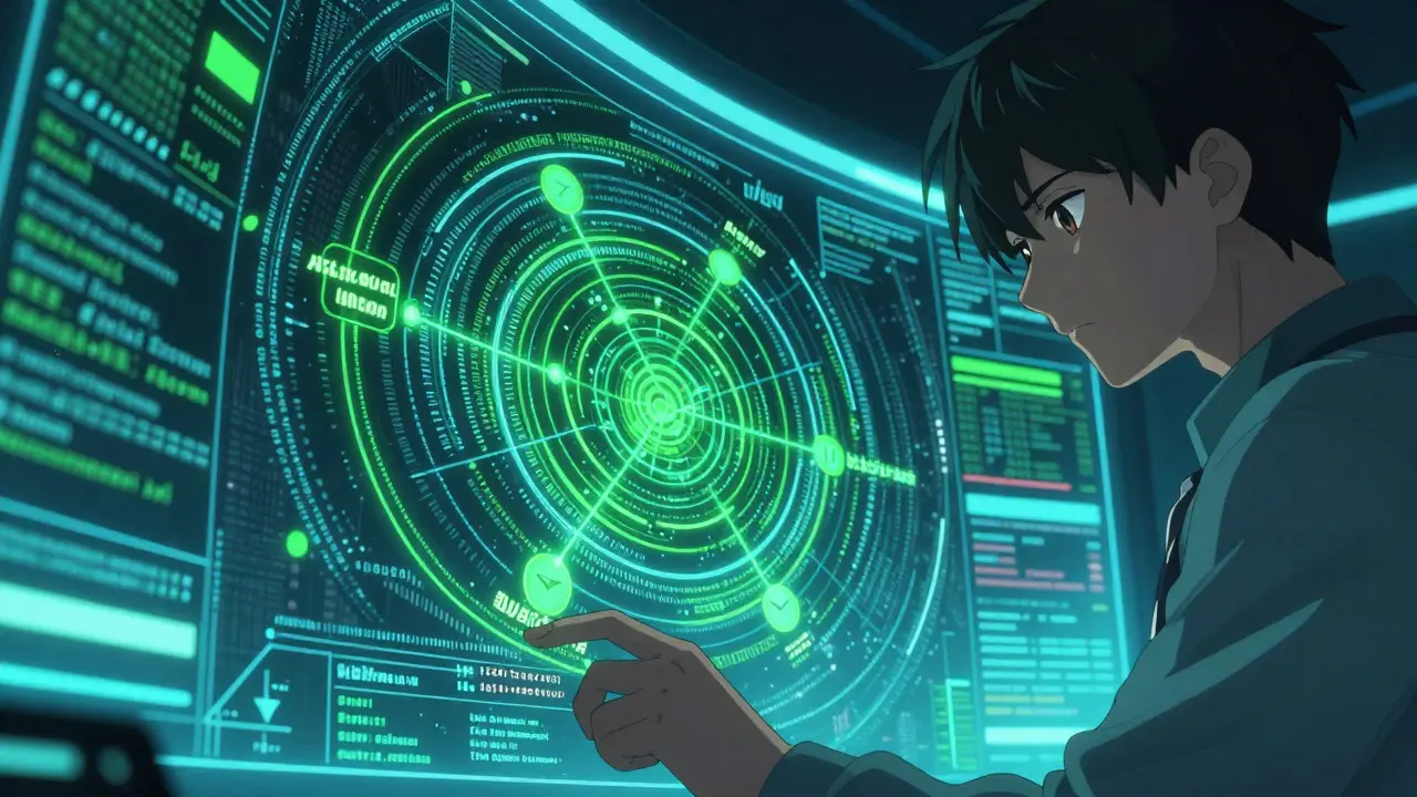 Seinen style anime of an analyst using AI to filter medical data from social media noise