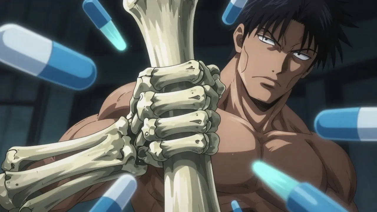 Skeletal hand gripping a reinforced pillar surrounded by geometric medical symbols