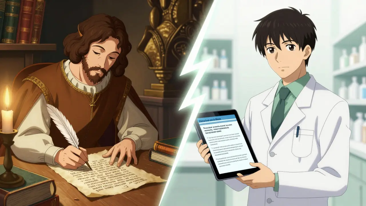 Split screen showing historical Latin prescription vs modern clear English label