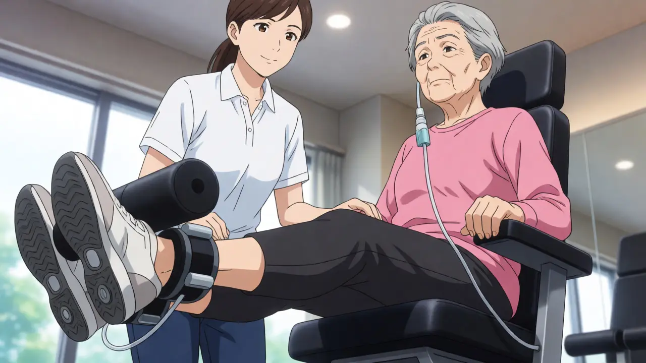 An elderly woman with an oxygen tube performing seated leg exercises with light weights under professional supervision.