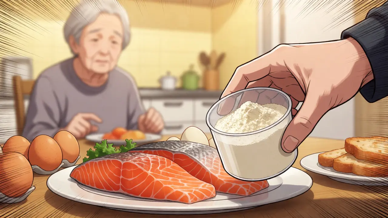 Close-up of protein-rich foods like salmon and whey powder on a table, illustrating dietary strategies for muscle loss.