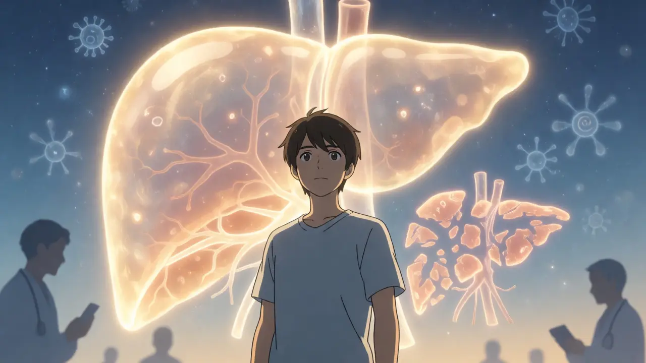 Seinen anime scene of a patient facing a holographic liver model, symbolizing treatment hope.