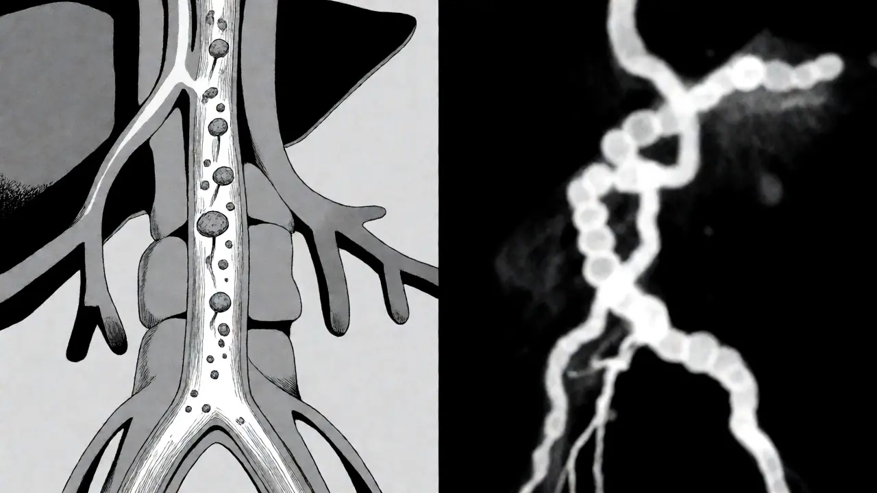 Split-panel manga art showing the gut-liver axis and bead-like bile duct strictures.